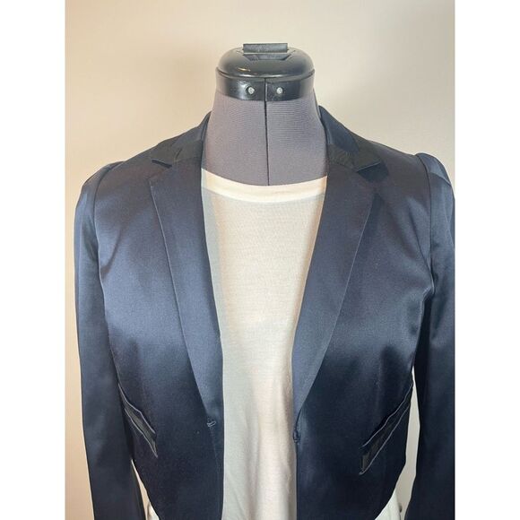 Rebecca Taylor Navy and Black Satin Cropped Tuxedo Jacket, Sz 4 - Picture 2 of 14